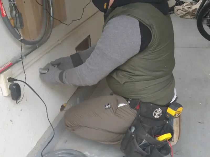 Electrician performing outlet wiring in a Springfield garage